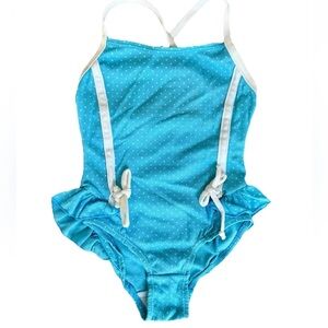 Girl’s VTG Sportease blue and white‎ with polka dots racerback swim suit, 2T